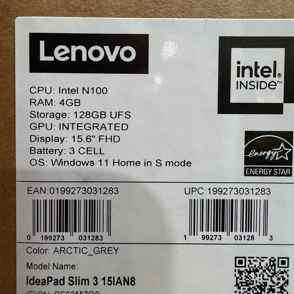 Lenovo IdeaPad Slim 3i Laptop de 15.6", Procesador Intel N100, 4GB de RAM, 128 SSD, Gris Ártico