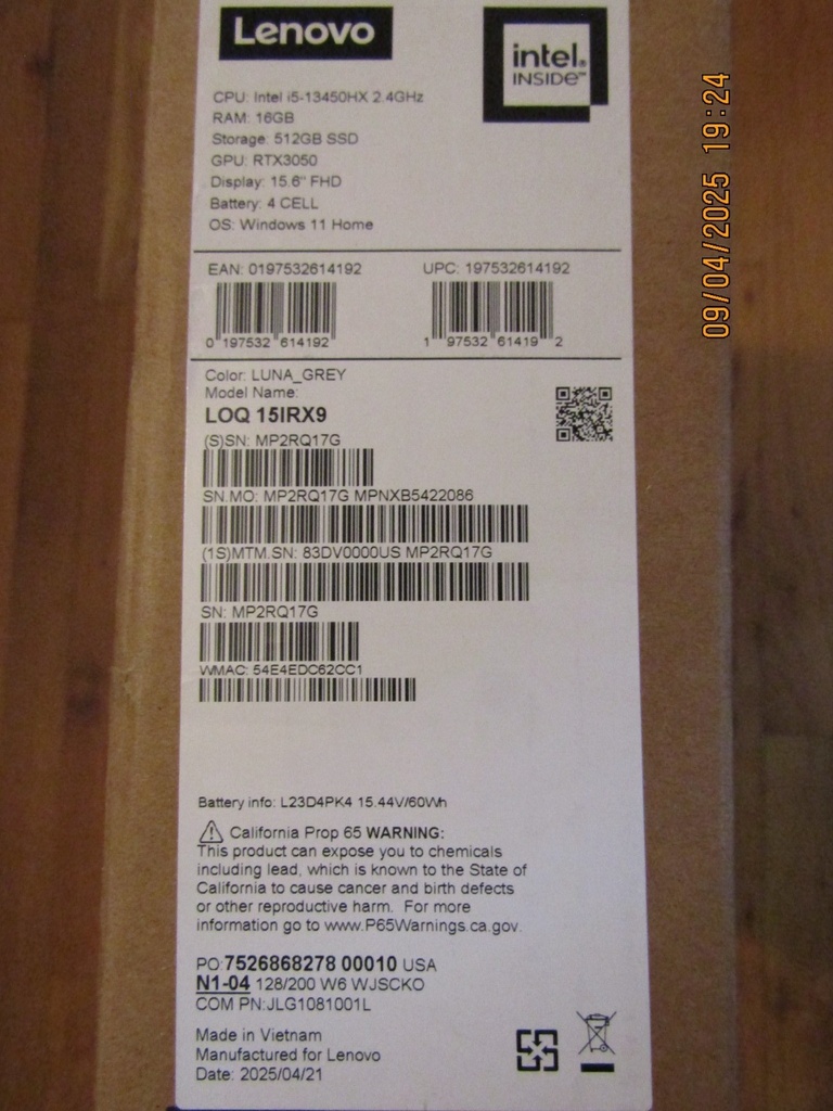 Lenovo 15.6" LOQ 15IRX9 Gaming Laptop: Intel I5-13450HX RTX 3050 16GB DDR5 512GB