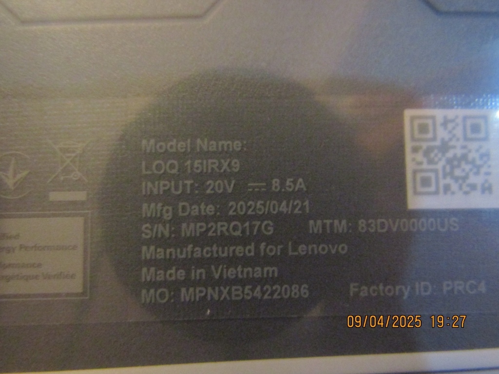 Lenovo 15.6" LOQ 15IRX9 Gaming Laptop: Intel I5-13450HX RTX 3050 16GB DDR5 512GB