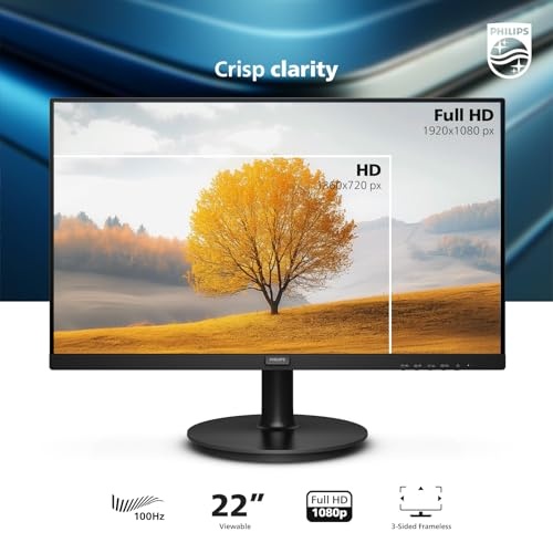 Philips 221V8LB Monitor Full HD de 22 pulgadas (1920 x 1080), frecuencia de actualización de 100 Hz, VESA, HDMI x1, VGA x1, modo LowBlue, sincronización adaptativa