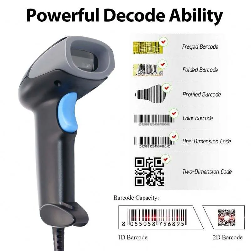 Lector de Códigos de Barras 2D QR de Largo Alcance, Escáner de Códigos de Barras Inalámbrico de 2.4 GHz para Supermercados y Fábricas