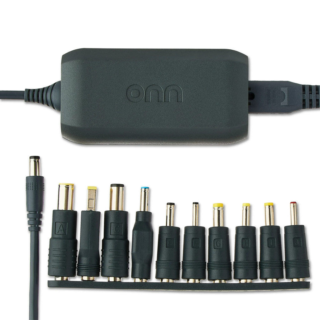 onn Cargador para Laptop de 65W con 10 Puntas Intercambiables, Cable de Alimentación de 10 Ft, para HP, Dell, Lenovo, Gris