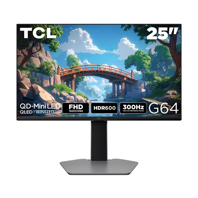 TCL 25” G64 Series FHD HDR QD-Mini LED Gaming Monitor, 300Hz Refresh Rate, LD180 Precise Dimming Series, HDR600 Brightness, 1ms, AMD FreeSync