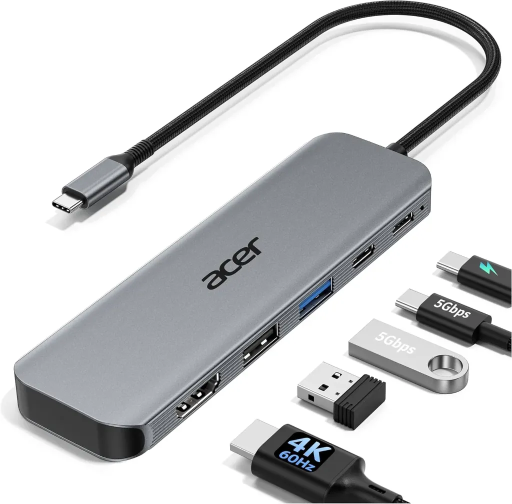Acer Hub USB C, adaptador USBC 5 en 1 a HDMI con 4K @60Hz para portátil/Mac