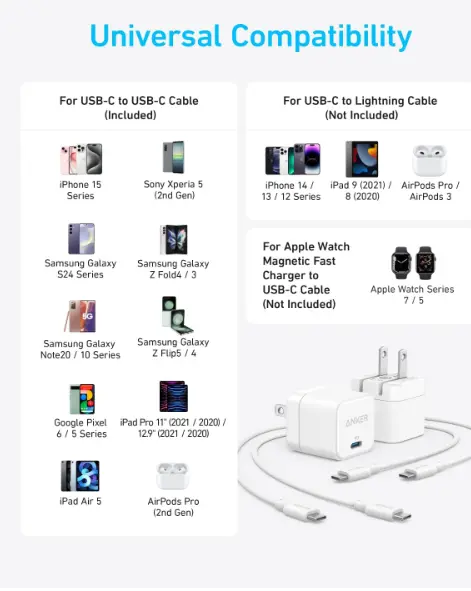 Cargador USB C, cargador rápido Anker con enchufe plegable, cargador PowerPort III de 20 W con cable USB C a Lightning para iPhone 14/14 Plus/14 Pro/14 Pro Max/13, Galaxy, iPad/iPad Mini y más