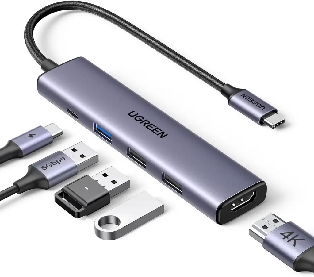 UGREEN Revodok 105 USB C Hub 5 en 1 Adaptador multipuerto 4K HDMI, entrega de energía de 100 W, 3 puertos de datos USB-A, dongle USB C para MacBook Pro/Air, iPad Pro, iMac, iPhone 16 Pro/Pro Max, XPS