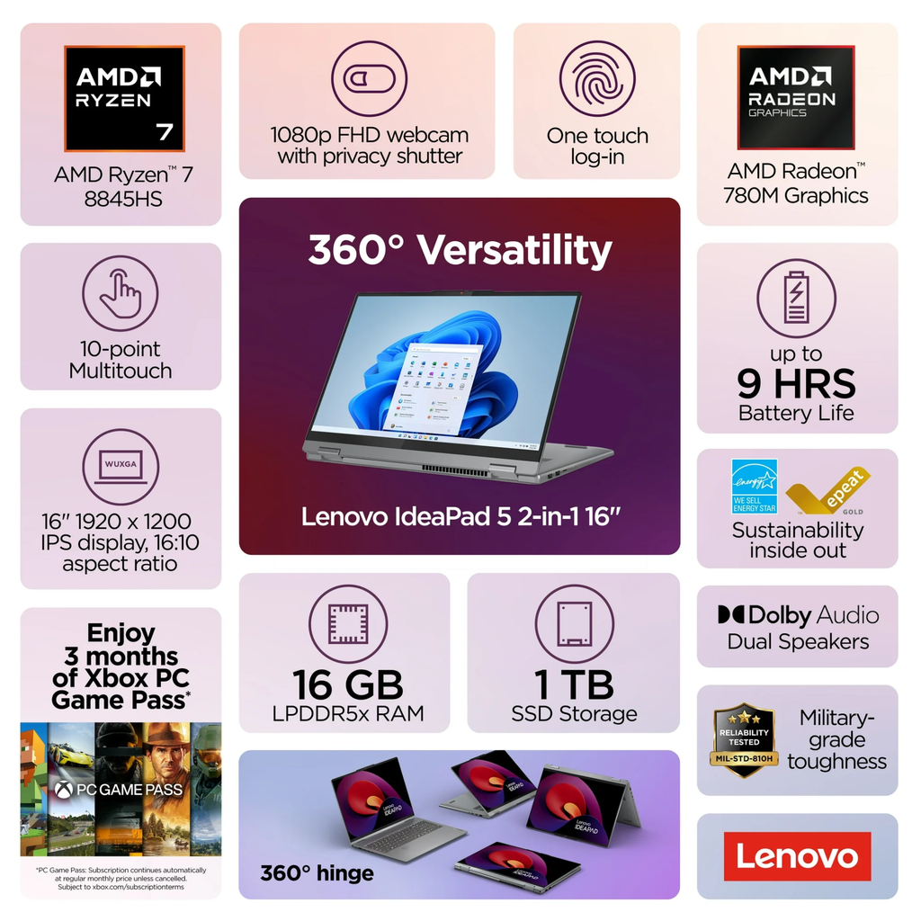 [83DS0056US] Lenovo IdeaPad 5 Laptop 2 en 1 con Pantalla Táctil de 16", Ryzen 7, 16GB, 1TB SSD,