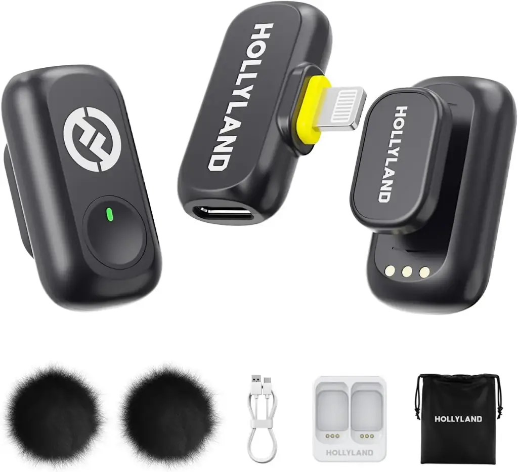 Hollyland Lark - Mini micrófono inalámbrico A1 para iPhone 14/13/12 (2TX + Lightning RX) 48 kHz/24 bits, cancelación inteligente de ruido de 3 niveles, micrófono magnético para YouTube, podcast (ENTRADA C)