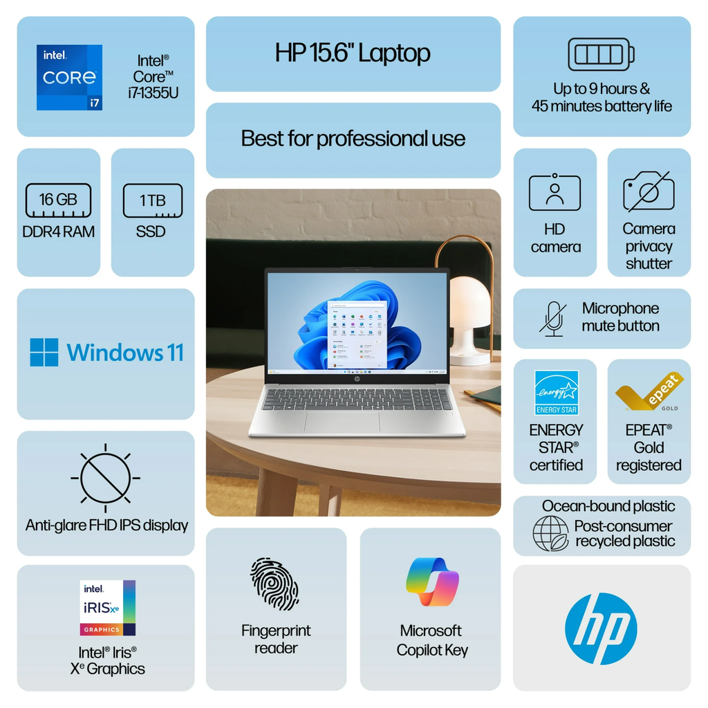 HP Laptop de 15.6 Pulgadas con Windows 11 intel Core i7-1355U 16GB RAM 1TB SSD Plata Natural