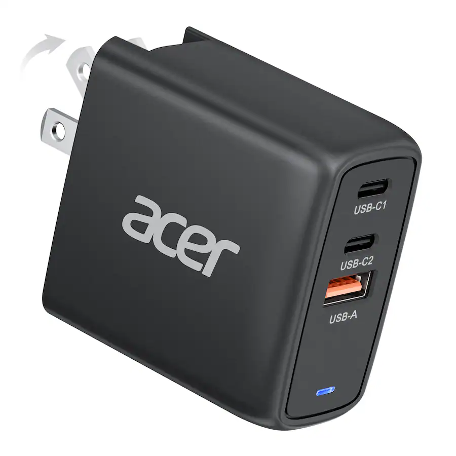 Acer - 67W USB C Charger, 3-Port GaN Fast Charging Block, Foldable and Portable USB Wall Plug Adapter - Black