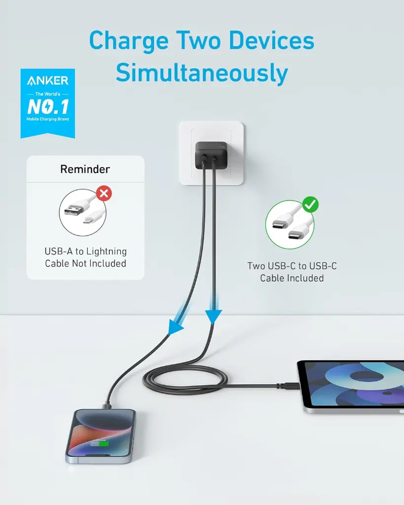 Cargador original Anker 20w Doble (MFI certificado oficial para ser usado en equipos apple ) protocolos para ser usados en todo equipo entrada C samsung , apple , huawei , xiaomi y mas (NEGRO)